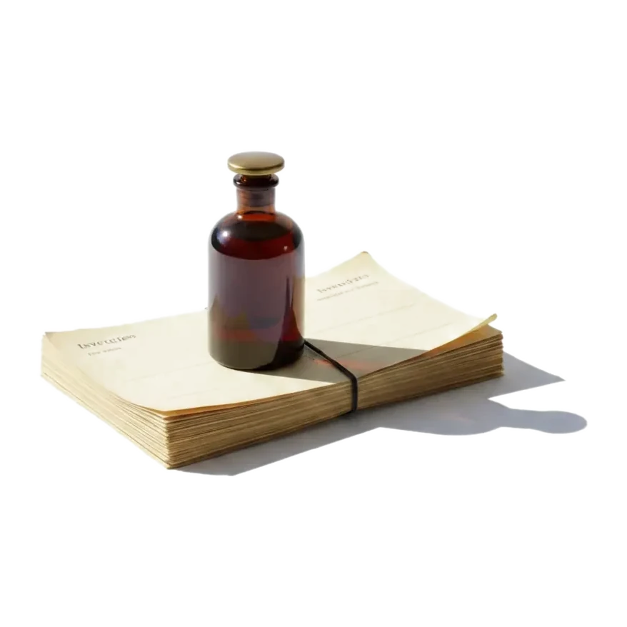 пачка пожелтевших накладных, перевязанная резинкой, и стоящий поверх неё тёмный флакон без надписей