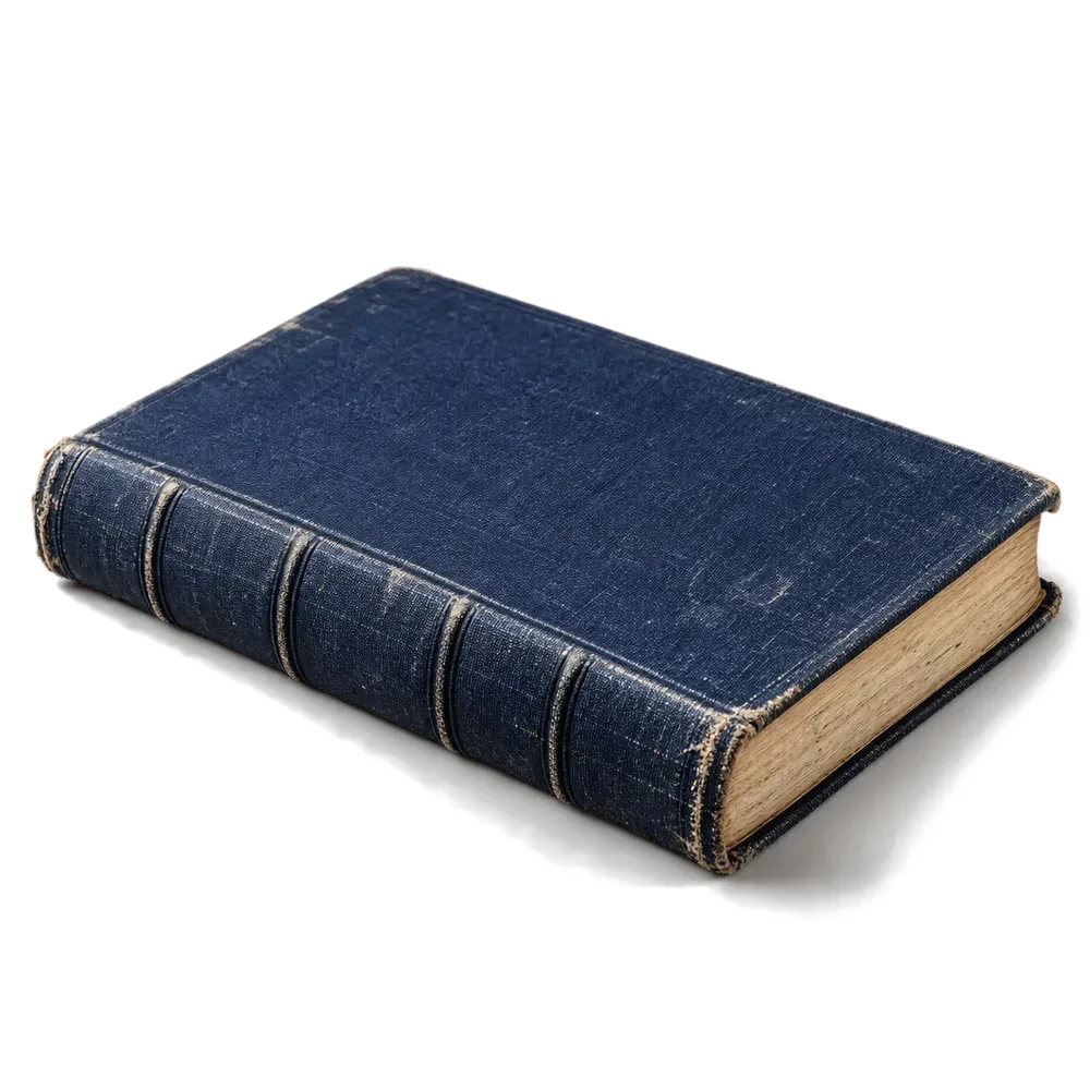 Одна старая книга в тёмно-синем тканевом переплёте, корешком к зрителю, без надписей.